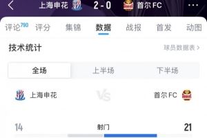 申花vs首尔FC全场数据：射门14-21，射正6-5，控球率33%-67%